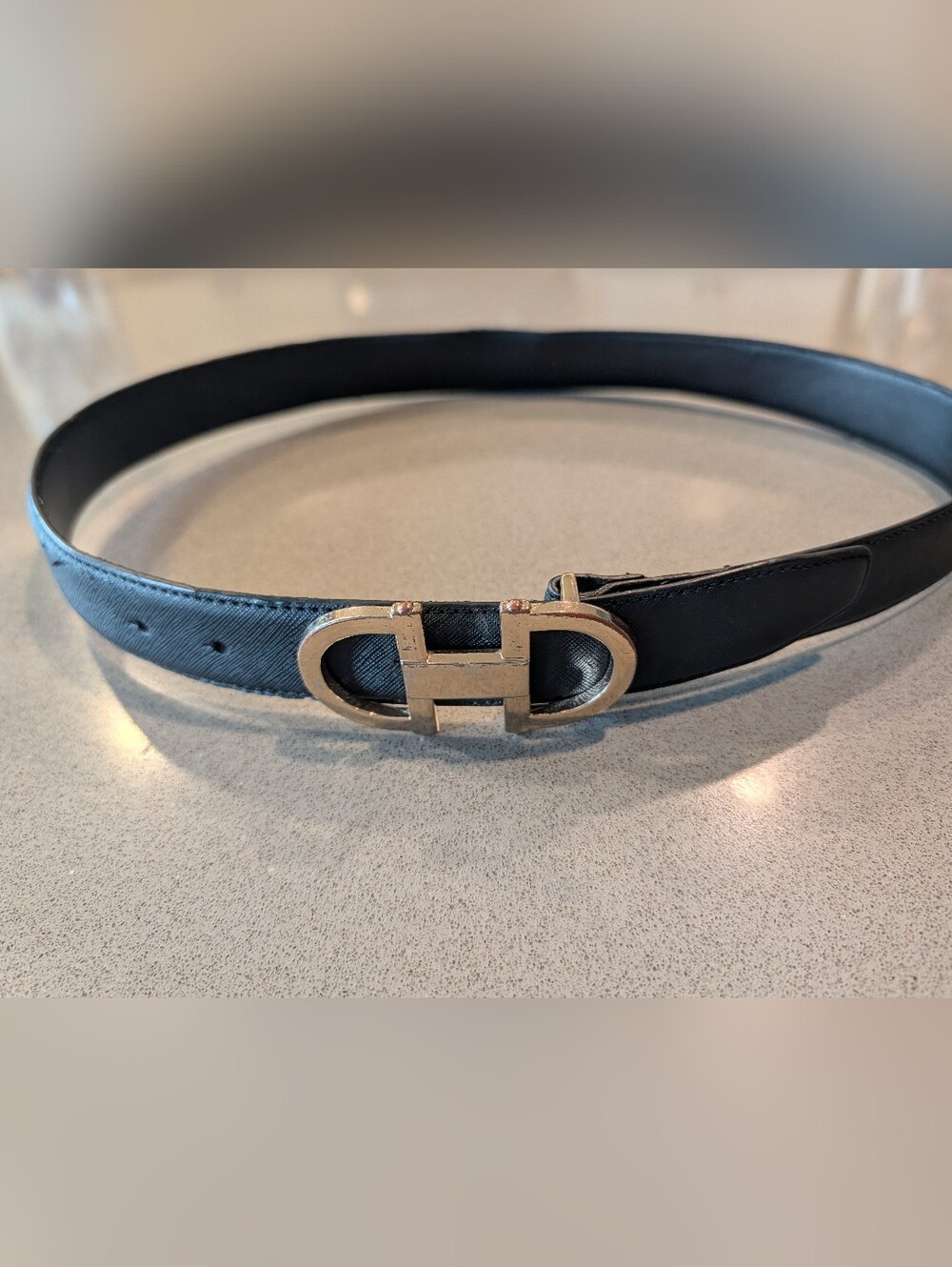 Aldo Black Leather Belt with Gold H-Style Buckle